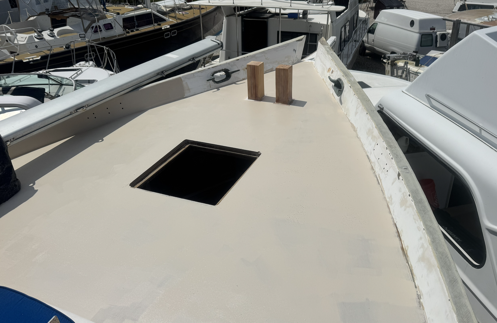 Primed bow deck of the Sailing Dream Maker vessel